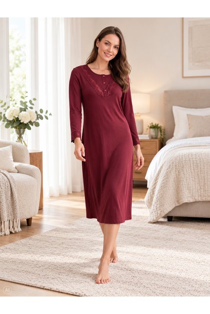 Women's Viscose Nightgown Long Sleeve Lace Detailed Below Knee Stylish Homewear 39-41