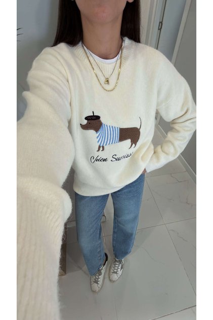 Lucky Ecru Dog Figured Knitwear