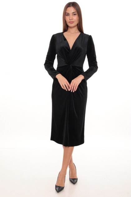 Black Velvet Double-Breasted Collar Drawstring Detailed Long Sleeve Midi Dress