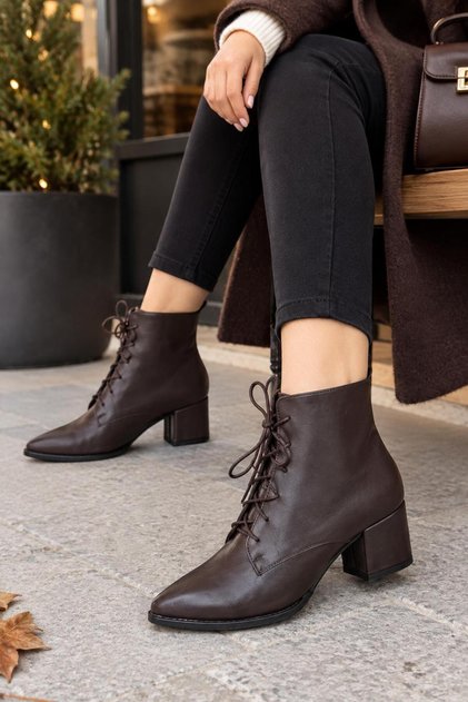 Brown Leather Laced Pointed Heeled Boots