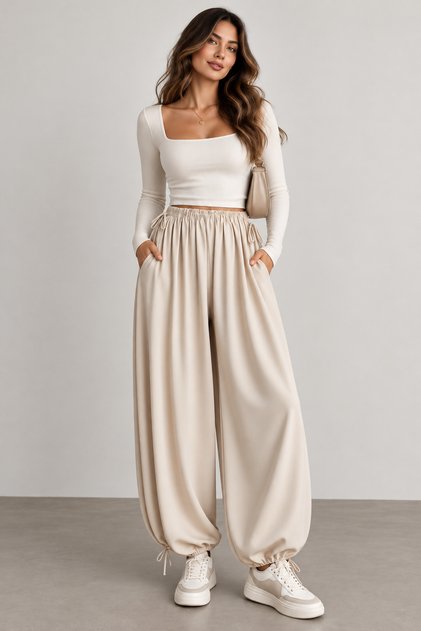 Women's Casual Shalwar Trousers with Elastic Waist and Laces