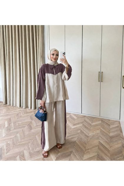 Women's Plum Ecru Color Block Zippered Tunic and Wide Leg Pants Two-Piece Set Yrn-2355