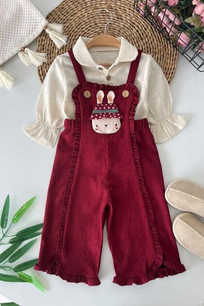 Baby Girl 2-Piece Set with Rabbit Appliqué and Ruffle Detail Velvet Overalls - Claret Red