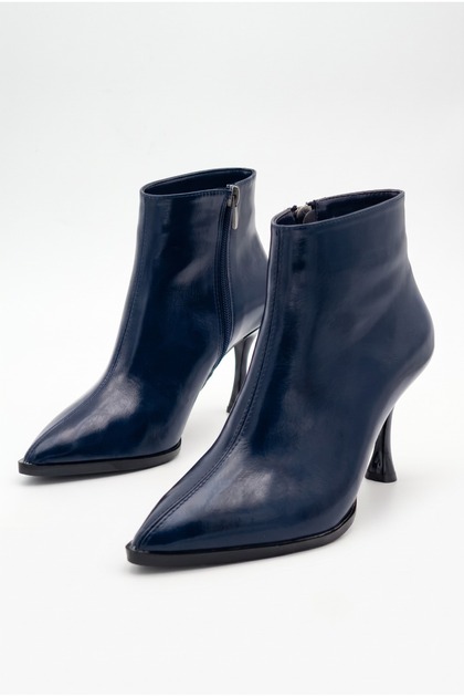 Women's Pointed Toe Zippered Thin High Heeled Navy Blue Ankle Boots (10 cm Heel)