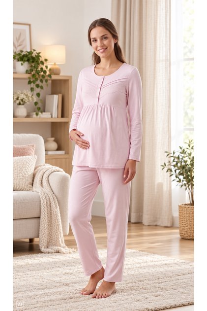 Maternity Viscose Pajama Set Long Sleeve Lace Detailed Breastfeeding Compatible 25-18