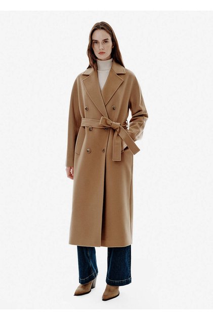 Regular Fit Belt Detail Double-Breasted Camel Coat