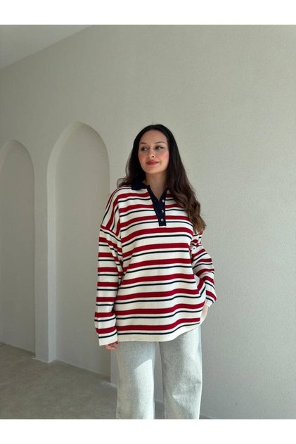 Women's Striped Polo Collar Buttoned Sweater
