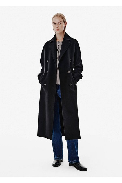 Regular Fit Belt Detail Double Breasted Black Coat