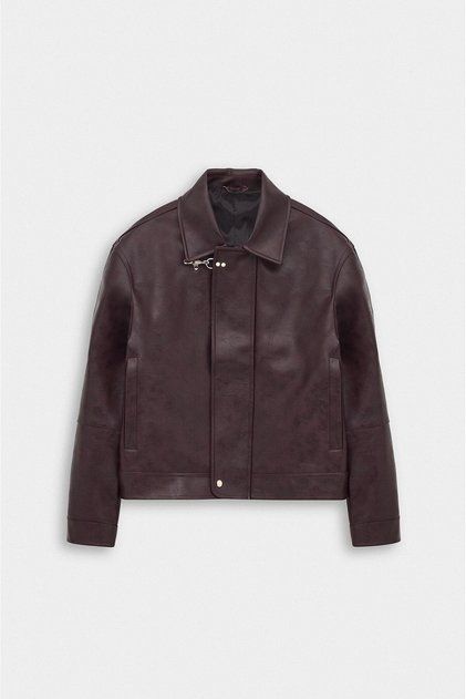 Crop Fit Aksesuarlı Bordo Deri Ceket