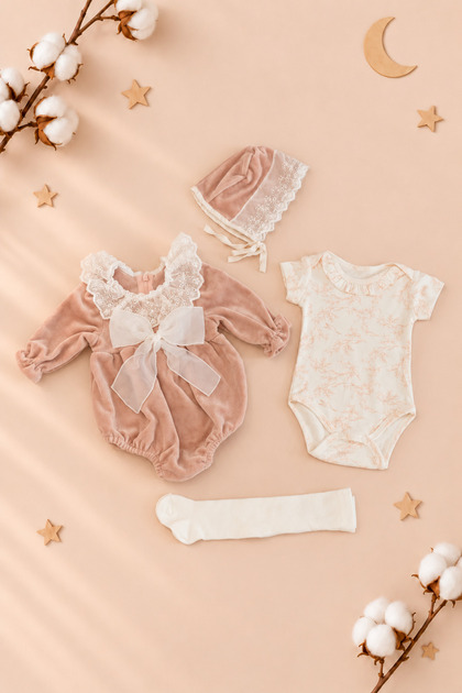 Kız Bebek Somon Kadife Romper 4'lü Set
