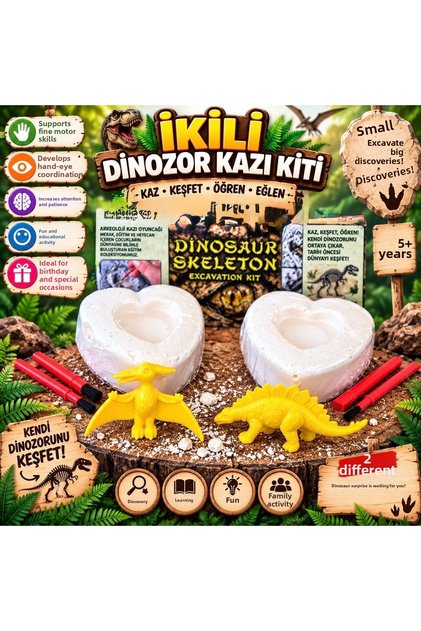 🩵 💙 Dinosaur Excavation Kit 2-Pack - Heart-Shaped Excavation Toy | Educational Archaeology Activity