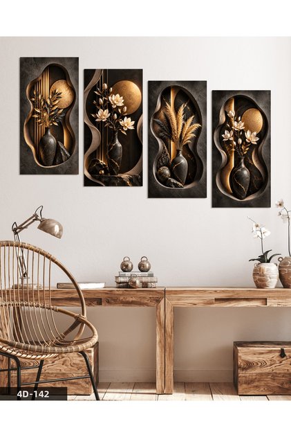 Textured Appearance Flowers in Vase and Gold Moon 4-Piece Mdf Table