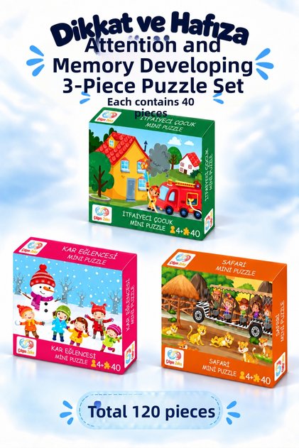 Attention and Memory Enhancing 3-Piece Puzzle Set for Ages 3-7, Each Puzzle Set Contains 40 Pieces, Children's Puzzles and Jigsaw Puzzles