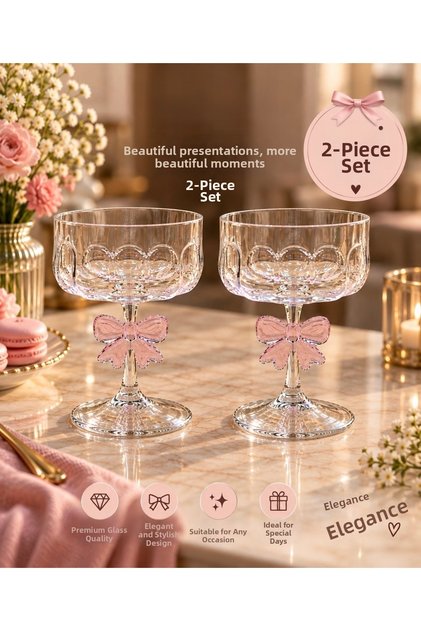 2 Pieces of Glass Serving Bowl with Bowknot Base and Pink Detail, Dessert Bowl, Ice Cream Bowl and Serving Bowl - 17 cm