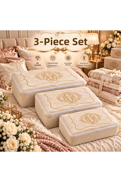 Dowry Box Velvet Gold Embroidered 3-Piece Bundle Engagement Bride Groom Gift Box 60X40, 40X40, 35X30