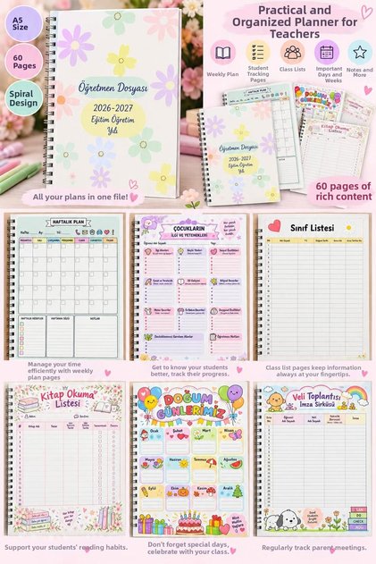 2026-2027 Teacher File Folder A5 Size 60 Pages Spiral-Bound Teacher Planner and Student Tracking Notebook