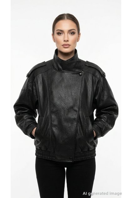 Women's Black Leather Look Stand Collar Oversize Jacket with Epaulettes Casual Biker Coat 15380880