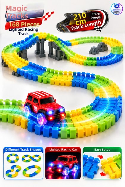 Magic Tracks 168 Piece Race Track with Light-Up Cars – 210 cm Flexible Track Length, Shapeable Colorful Track Toy Set