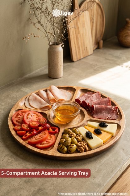 30 cm 5-Compartment Acacia Wood Breakfast Serving Tray, Serving Plate, Snack Plate, Appetizer Plate, Cheese Plate