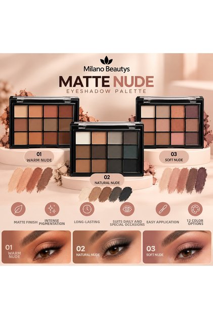Matte Nude 12-Piece Matte Eyeshadow Palette – Intense Color Eyeshadow, Daily and Professional Makeup – 01 / 02 / 03