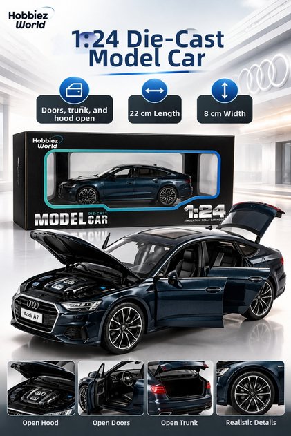 Audi A7 1:24 Metal Toy Model Car Openable Hood Door Trunk 22 cm Navy Blue Diecast