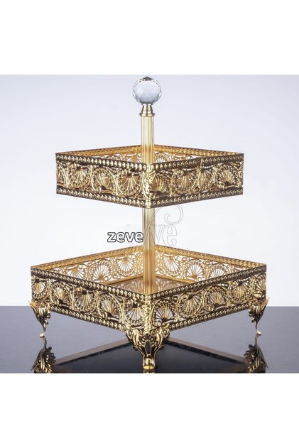 Two-Tier Cookie Holder Square Metal Gold 25 cm / 20 cm – Hünkar Model