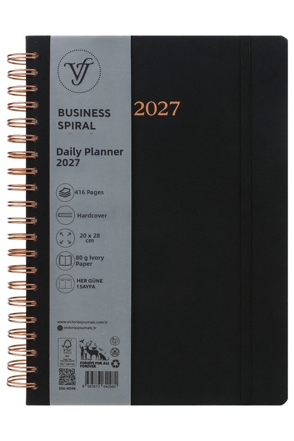 Business-2027 Year Daily Spiral Agenda 20X28 Cm. One Page Per Day - Black