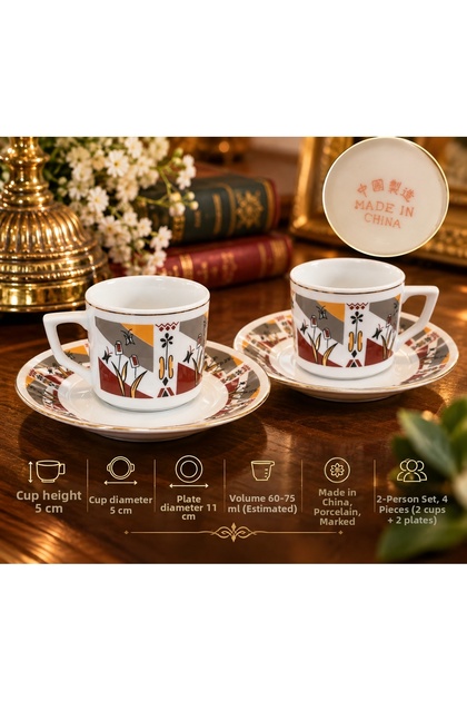 Retro Geometric Patterned Porcelain 2-Person Turkish Coffee Cup Set – 4 Pieces – Gold Detailed – China Production