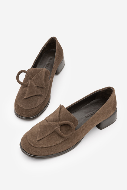 Women's Genuine Leather Folded Bow Detailed Loafer Casual Shoes Sanero Brown Suede