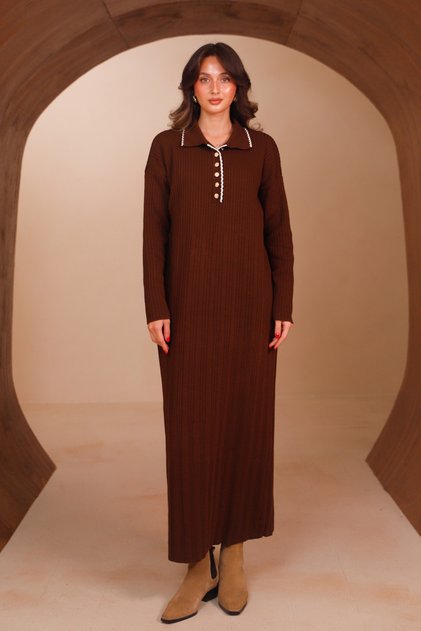 Women's Polo Collar Button Detailed Ribbed Long Knitwear Dress 8515