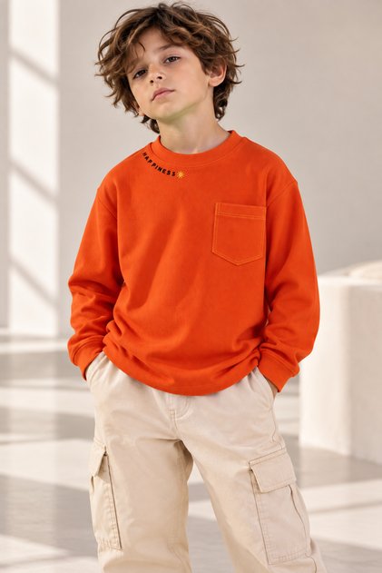 Unisex Çocuk Happiness Nakışlı Cepli Fitilli Kaşkorse Tişört