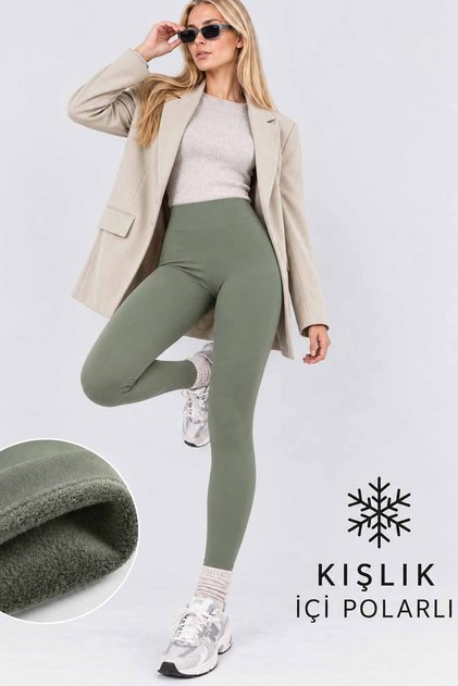 Women's High Waist Fleece Lined Winter Leggings Khaki Diver Scuba Fabric