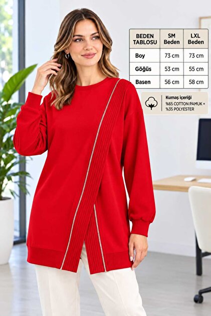 Tunik Kadın Sweatshirt Çapraz Fermuar Detaylı Penye Kumaş