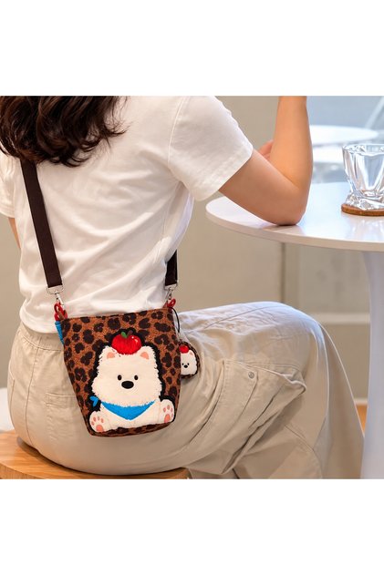 Korean Style White Dog Pattern Crossbody Shoulder Bag and Handbag with Fluffy Accessories for Daily Travel