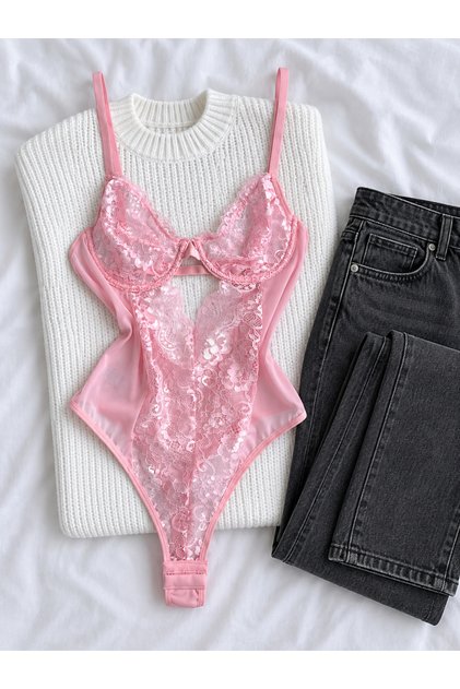 Sevgililer Günü Hediyesi Pembe Dantelli Balenli Transparan Altı Çıtçıtlı Bodysuit