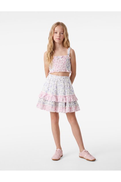Ruffle Detailed Elastic Waist Layered Floral Viscose Skirt