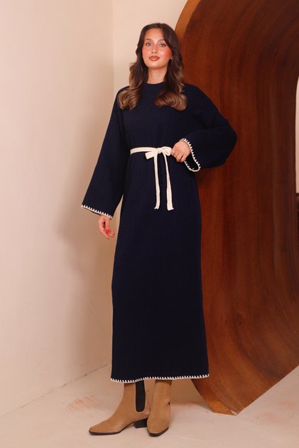 Women's Maxi Length Crew Neck Sleeves Shepherd Stitched Belted Hijab Knitwear Dress 8525 Navy Blue