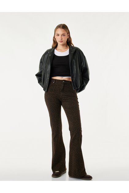 Yüksek Bel Dar Kesim Pamuklu İspanyol Paça Leopar Desenli Pantolon - Flare Jeans
