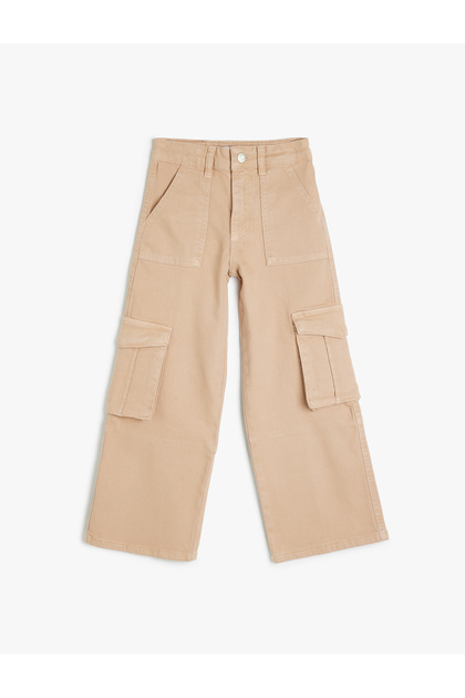 Button Detailed Cotton Denim Trousers with Cargo Pockets