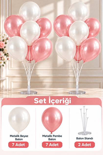 2 Adet 7'li Balon Standı Ve 14 Adet Pembe - Beyaz Metalik Balon Set 1 Yaş Doğum Günü