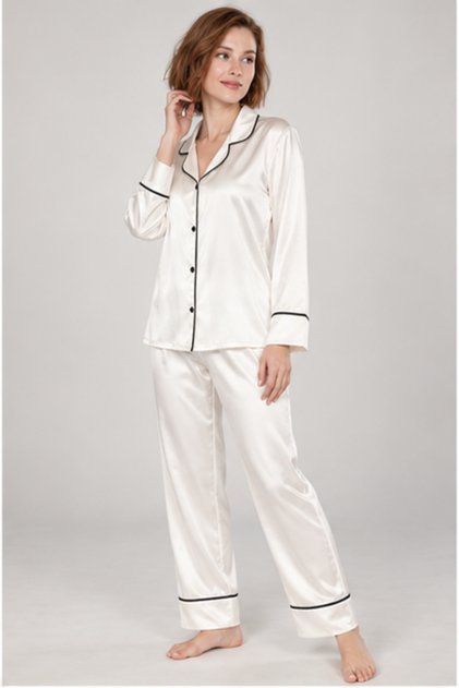 Women's Ecru Satin Long Sleeve Pajama Set - Two-Piece Set with Black Piping and Button Detail