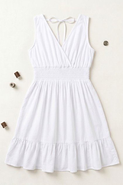 Women's Short Double Breasted Collared Skirt Ruffled Woven Dress White
