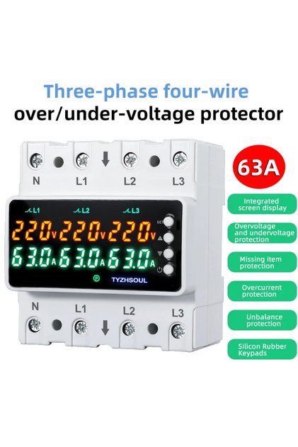 63A 3 Phase 63A/100A Din Rail Voltmeter Ammeter Adjustable Over and Under Voltage Current Limit Prot
