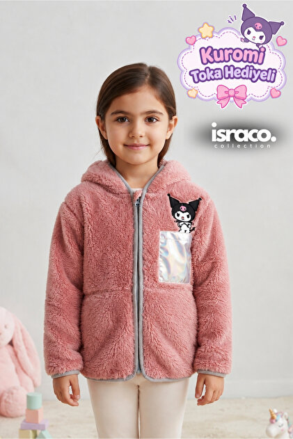 Kapüşonlu Nakışlı Kız Çocuk Peluş Yumuşak Fermuarlı Hırka Pembe