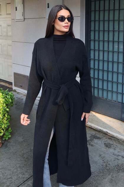 Knitwear Belted Long Cardigan Black