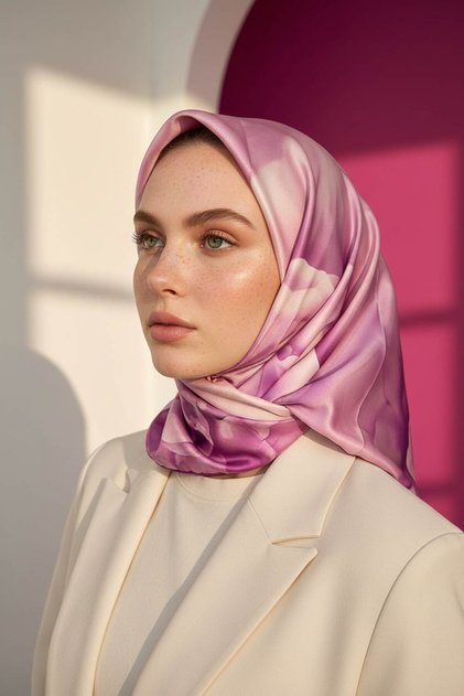 Rayon Büyük Çiçek Desenli Mürdüm Renkli 90x90 Eşarp (İpek İçermez) Kenar Dikiş Şekli El Dikişli