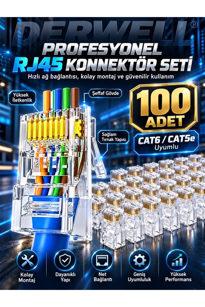 100 Adet Yeni Nesil Delikli Açık Uçlu Ez Rj45 Cat5 Cat6 Ethernet Internet Kablo Soketi Konnektörü 8p8c Jack Utp Uç