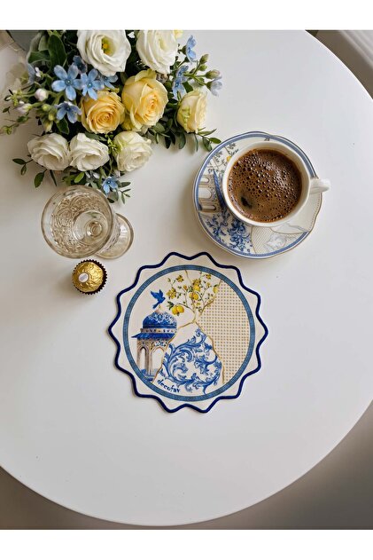 Ramadan Themed Blue Tile Garden Patterned Embroidery Edge Cocktail Napkin 1 Piece