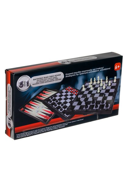 Joc magnetic de voiaj 3 în 1, șah, dame și table, cu 64 de piese și 3 zaruri, 24,5x24,5 cm