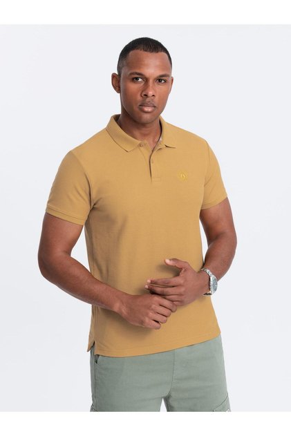 Tricou polo bărbătesc BASIC, uni, din tricot pique, culoare muștar, OM-POBS-0100